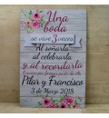 Cartel de bienvenida para boda con flores rosa