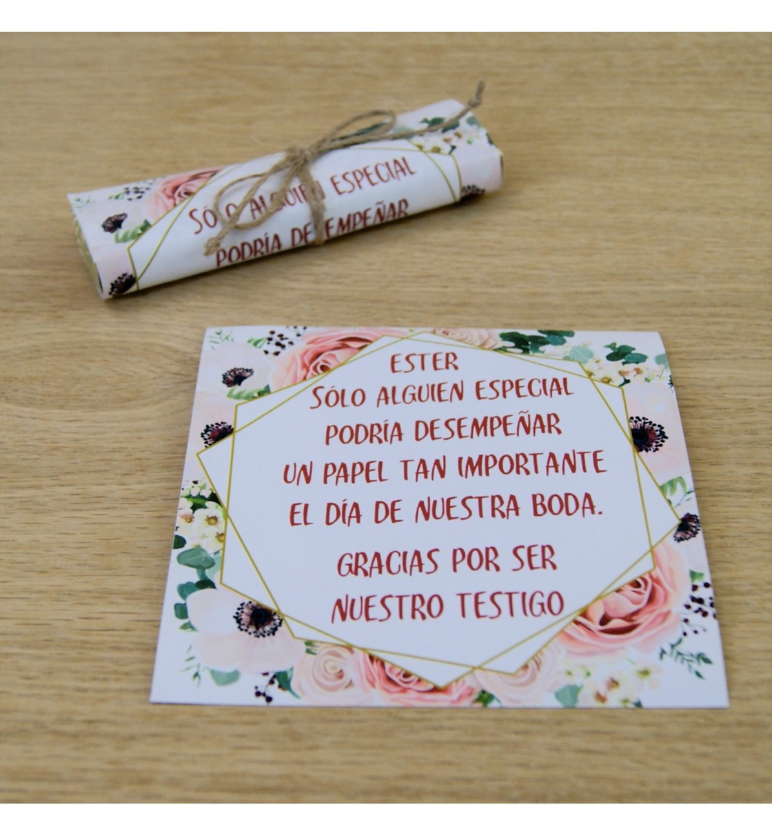 Bolígrafo para testigo de boda envuelto en textil impreso con mensaje