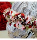 Toca de novia con hortensia nude, rojo y dorado