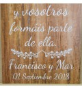 Cartel bienvenida boda madera y pajaritos