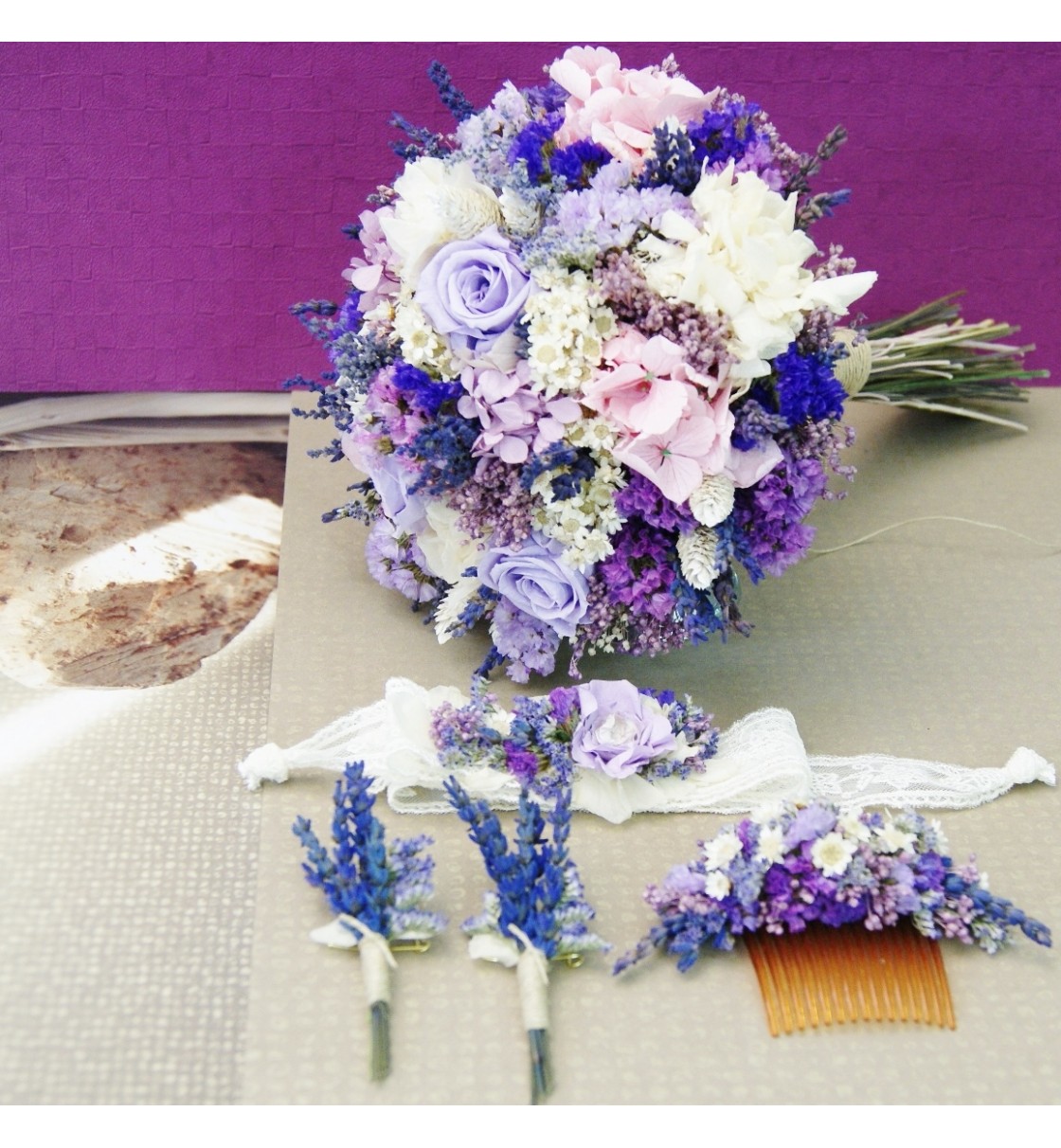 Ramo de novia de paniculata y lavanda preservada - Floristería Mallorca